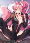  1boy 1girl animal_ear_fluff animal_ears bangs black_gloves black_pants bodysuit breasts choker cleavage closed_mouth collarbone commentary_request elbow_gloves fate/grand_order fate_(series) fox_ears fox_girl fox_tail glasses gloves highres koyanskaya_(fate) large_breasts long_hair looking_at_viewer lying on_back pants pillow pink_hair ponytail purple_choker smile solo_focus spread_legs tail tamamo_(fate) thighs tsuki_tokage yellow_eyes 