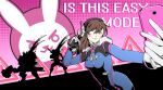  1girl 2boys all-out_attack blue_bodysuit bodysuit breasts brown_hair bunny cellphone commentary cowboy_shot d.va_(overwatch) desilvered english_commentary english_text facial_mark genji_(overwatch) gloves headset holding holding_phone medium_breasts multiple_boys one_eye_closed overwatch parody persona persona_5 phone reinhardt_(overwatch) selfie sign v warning_sign white_gloves yellow_eyes 