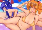  2girls areola_slip areolae beach bikini blue_eyes blue_hair bow bracelet breasts commentary_request day debt drill_hair earrings eyewear_on_head gold hair_bow hat highres jewelry kim0501 long_hair looking_at_viewer looking_down medium_breasts mini_hat mini_top_hat multiple_girls navel ocean one_eye_closed orange_bikini orange_eyes orange_hair outdoors pendant ring siblings sisters small_breasts sunglasses sweat swimsuit top_hat touhou towel twin_drills umbrella yellow_bikini yorigami_jo&#039;on yorigami_shion 