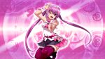  1girl bare_shoulders beatmania_iidx breasts goli_matsumoto hair_between_eyes long_hair medium_breasts mizushiro_celica non-web_source official_art one_eye_closed pink_eyes pink_hair pointing pointing_at_viewer purple_thighhighs skirt smile solo teeth thighhighs twintails upper_teeth_only 