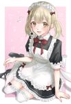  1girl alternate_costume apron avrcsl azusawa_kohane black_dress black_footwear blonde_hair blush bow dress frills heart highres light_brown_hair looking_at_viewer maid maid_headdress open_mouth project_sekai red_bow shoes short_sleeves sitting smile solo thighhighs twintails 