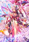  1girl :d age_of_ishtaria animal animal_ear_fluff animal_ears arm_up beads black_gloves blush breasts cherry_blossoms detached_sleeves flower folding_fan fox fox_ears fox_mask fox_tail fur_trim gloves grey_hair hair_ornament hand_fan highres holding holding_fan japanese_clothes kimono large_breasts long_hair looking_at_viewer mask munlu_(wolupus) official_art open_mouth prayer_beads red_eyes revealing_clothes seimei_(age_of_ishtaria) smile solo standing tail tassel umbrella white_kimono wide_sleeves 