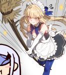  2girls ahoge artoria_caster_(fate) artoria_pendragon_(fate) bare_shoulders blonde_hair blush breasts broom chibi dress ebora fate/grand_order fate_(series) green_eyes highres long_hair maid melusine_(fate) multiple_girls small_breasts solo_focus thighs twintails white_hair 