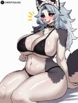  absurd_res anthro big_breasts bikini black_bikini black_clothing black_swimwear blush breasts canid canid_demon canine cherifokkusu clothing collar curvy_figure demon digital_media_(artwork) female fingers fur hair hellhound helluva_boss hi_res looking_at_viewer loona_(helluva_boss) maid_headdress mammal mythological_canine mythological_creature mythology open_mouth red_sclera simple_background sitting slightly_chubby solo spiked_collar spikes swimwear tail thick_thighs voluptuous wide_hips 
