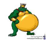 anthro belly big_belly cape claws clothing crocodile crocodilian crocodylid crown donkey_kong_(series) fists_clenched gold_belly gold_plate hands_on_hips headgear k9manx90_(artist) king king_k._rool looking_at_viewer male muscular navel navel_outline nintendo obese obese_anthro obese_male outie_navel overweight overweight_anthro overweight_male red_eyes reptile royalty scalie sharp_teeth smile smirk solo teeth toe_claws