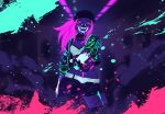  1girl akali baseball_cap belt bra commentary contrapposto cowboy_shot eyeshadow hat heart_belt holding jacket k/da_(league_of_legends) k/da_akali league_of_legends long_hair looking_at_viewer makeup neon_lights open_clothes open_jacket paint_splatter pink_hair ponytail short_shorts shorts siun solo underwear white_belt white_bra yellow_eyes 