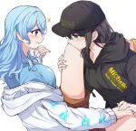  2girls ^^^ aoiro_050 bang_dream! baseball_cap black_hair black_hat black_hoodie blue_hair blue_shirt blush breasts brown_shorts character_name clothes_writing collarbone grey_eyes hair_down hat highres hood hoodie jacket kiss kissing_leg light_blue_hair long_hair long_sleeves looking_at_another matsubara_kanon medium_breasts medium_hair multiple_girls off_shoulder okusawa_misaki open_clothes open_jacket purple_eyes shirt shorts simple_background sleeves_past_wrists sweatdrop white_background white_jacket yuri 