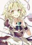  1girl :d absurdres dise_(psychoro) green_eyes green_hair heart heart_hands heart_of_string highres komeiji_koishi looking_at_viewer maid open_mouth short_hair short_sleeves simple_background smile solo third_eye touhou white_background wrist_cuffs 