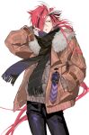  1boy alternate_costume black_hair black_pants black_scarf cowboy_shot earrings eyebrow_cut eyes_visible_through_hair fate/grand_order fate_(series) fur-trimmed_jacket fur_trim hair_over_one_eye highres jacket jewelry layered_clothes long_hair long_sleeves looking_at_viewer low_ponytail male_focus muki_(muki_kunxd) multicolored_hair pants parted_lips red_eyes red_hair scarf simple_background solo streaked_hair sweater takasugi_shinsaku_(fate) very_long_hair white_background white_hair winter_clothes 