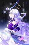  1girl absurdres aqua_eyes bare_shoulders bracelet detached_sleeves dress earrings floating_hair from_side gloves halo handsomening head_wings highres honkai:_star_rail honkai_(series) jewelry long_hair looking_to_the_side parted_lips purple_dress purple_hair robin_(honkai:_star_rail) short_sleeves signature solo spiked_bracelet spikes standing two-tone_dress white_dress white_gloves white_wings wings 