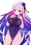  1girl breasts covered_navel earrings fate/grand_order fate_(series) flower grey_hair hair_flower hair_ornament highleg highleg_swimsuit highres jewelry kama_(fate) kama_(swimsuit_avenger)_(fate) large_breasts long_hair one-piece_swimsuit purple_eyes purple_flower purple_rose purple_swimsuit rose solo star_(symbol) star_earrings swimsuit very_long_hair zenshin 