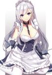  1girl aosaki_yukina apron apron_lift azur_lane bangs belfast_(azur_lane) blue_dress blue_eyes braid breasts chain cleavage collar collarbone commentary_request dress elbow_gloves french_braid frills gloves highres kneeling large_breasts long_hair looking_at_viewer maid_headdress silver_hair simple_background smile solo swept_bangs waist_apron white_background white_legwear 