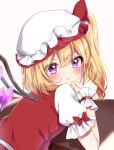  1girl :t absurdres against_table alternate_eye_color artist_name bangs blonde_hair blush bow closed_mouth commentary_request crystal eyebrows_visible_through_hair flandre_scarlet hair_between_eyes hair_bow hand_on_own_chin hat highres looking_at_viewer looking_back mob_cap one_side_up pout puffy_short_sleeves puffy_sleeves purple_eyes red_bow red_vest shinonome_asu short_hair short_sleeves simple_background solo touhou upper_body vest white_background white_headwear wings wrist_cuffs 