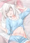  1girl absurdres ahoge animal_ear_fluff animal_ears blue_pajamas blush braid breasts commentary_request drooling earrings fox_ears fox_girl fox_tail hair_between_eyes highres hololive housaku0000 jewelry long_hair lying medium_breasts navel on_back on_bed open_mouth pajamas shirakami_fubuki sidelocks single_braid sleeping solo tail virtual_youtuber white_hair 