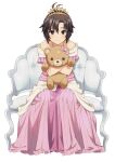  1girl antenna_hair black_hair blush dress earrings idolmaster idolmaster_(classic) idolmaster_million_live! idolmaster_million_live!_theater_days jewelry kikuchi_makoto looking_at_viewer mattaku_mousuke object_hug off-shoulder_dress off_shoulder on_chair pink_dress princess short_hair simple_background sitting smile solo stuffed_animal stuffed_toy teddy_bear tiara watermark white_background 