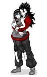  1boy 1girl blue_eyes blush dragon_ball dragon_ball_heroes dragon_ball_super einohire0085 grabbing grabbing_another&#039;s_breast grabbing_from_behind hairband highres hug hug_from_behind husband_and_wife lifting_person partially_colored red_fur short_hair son_gohan spiked_hair standing super_saiyan super_saiyan_4 tail tail_wrap videl yellow_eyes 