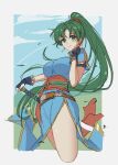  1girl black_gloves blue_dress blue_sky closed_mouth dress earrings english_commentary fingerless_gloves fire_emblem fire_emblem:_the_blazing_blade gloves green_eyes green_hair highres jewelry long_hair looking_at_viewer lyn_(fire_emblem) ponytail short_sleeves sky solo sword very_long_hair weapon zedoraart 