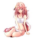  1girl barefoot black_ribbon blush bra breasts closed_mouth commentary_request crescent crescent_hair_ornament gradient_hair hair_between_eyes hair_ornament hair_ribbon highres kantai_collection long_hair looking_at_viewer multicolored_hair panties pink_eyes pink_hair rabbit_hair_ornament red_hair ribbon rizzl simple_background sitting small_breasts solo underwear underwear_only uzuki_(kancolle) very_long_hair white_background white_bra white_panties 