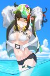  1girl absurdres armpits arms_behind_head arms_up badge bare_shoulders bikini black_hair black_shorts blue_hair blue_sky blush breasts button_badge cleavage fate/grand_order fate_(series) green_headwear grin headphones headphones_around_neck highres jacket konakuso large_breasts long_hair long_sleeves looking_at_viewer multicolored_hair navel ocean open_clothes open_jacket red_hair sei_shounagon_(fate) sei_shounagon_(swimsuit_berserker)_(fate) short_shorts shorts sidelocks sky smile solo swimsuit thigh_strap thighs twintails visor_cap wading white_bikini white_jacket yellow_eyes 