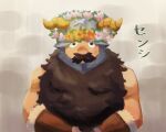  1boy absurdres beard dungeon_meshi dwarf facial_hair fake_horns flower_wreath head_wreath helmet highres horned_helmet horns immichoomi long_beard looking_at_viewer male_focus senshi_(dungeon_meshi) solo thick_mustache translation_request upper_body very_long_beard 