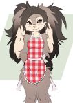  anthro apron black_hair brown_eyes clothed clothing dress elronya female floppy_ears fluffy fluffy_hair freckles fur grey_body grey_fur hair hands_behind_back lagomorph leporid long_ears long_hair looking_at_viewer lop_ears mammal rabbit ronya simple_background smile solo suvi_(elronya) white_body white_fur 