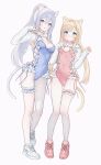  2girls :o absurdres animal_ears aqua_eyes arm_around_waist ass_visible_through_thighs blonde_hair blue_eyes blue_leotard blush braid breasts bridal_garter cat_ears cat_girl cat_tail cleavage closed_mouth covered_navel cross-laced_clothes grey_hair hair_intakes highres leotard long_hair long_sleeves looking_at_viewer low_twintails medium_breasts multiple_girls nami_(nyaa) open_mouth original pantyhose pink_footwear pink_leotard ponytail shoes shrug_(clothing) simple_background small_breasts sneakers tail thigh_gap twin_braids twintails white_background white_footwear white_pantyhose 