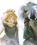  2boys black_sclera black_skin blonde_hair colored_sclera colored_skin high_ponytail highres hikariorochi kageorochi kmnk_(kumanuko) long_hair male_focus multiple_boys red_eyes simple_background sleeveless white_background white_hair youkai_(youkai_watch) youkai_watch 