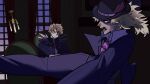  2boys absurdres blonde_hair bowler_hat candelabra candlestand chair collared_shirt derivative_work dio_brando hat highres jojo_no_kimyou_na_bouken kicking long_hair male_focus multiple_boys necktie open_mouth phantom_blood robert_e._o._speedwagon scar scar_on_face screenshot_redraw shirt swampland window 