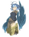  2020 :o ahoge avian blue_body blue_feathers blue_hair blush bottomwear breasts cleavage clothed clothing crotch_lines cutoffs daisy_dukes denim denim_bottomwear denim_clothing european_mythology eyebrow_through_hair eyebrows feathered_wings feathers feet female greek_mythology hair harpy hinekure7 hotpants humanoid kneeling monster_girl_(genre) monster_musume mythological_avian mythological_creature mythology navel open_mouth papi_(monster_musume) scuted_legs scutes shirt shorts simple_background solo talons tank_top toes topwear translucent translucent_hair white_background wings yellow_eyes 