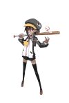  1girl backpack bag baseball baseball_bat black_hat black_skirt brown_hair colored_skin dark_persona disgaea disgaea_rpg full_body fuuka_xeno_(disgaea) grey_skin hair_between_eyes harada_takehito hat holding holding_baseball_bat jacket kazamatsuri_fuuka long_sleeves looking_at_viewer official_art penguin_hat red_eyes school_uniform shoes short_hair skirt solo thighhighs transparent_background 