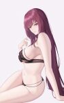  1girl bare_shoulders bra breasts fate/grand_order fate_(series) highres large_breasts long_hair looking_at_viewer navel nmi panties purple_hair red_eyes scathach_(fate) solo thighs underwear 