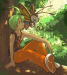  1boy aaron_(pokemon) ahoge arm_support beautifly black_tank_top collarbone green_eyes green_hair in_tree inumura_(inu_noya) knee_up lowres male_focus orange_pants outdoors pants pokemon pokemon_(creature) pokemon_dppt short_hair sitting smile tank_top tree 