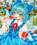  1girl blue_bow blue_dress blue_eyes blue_hair bow cirno detached_wings dress fairy fairy_wings flower food hair_bow ice ice_cream ice_wings monji_(monzi328) pinafore_dress sleeveless sleeveless_dress solo tongue tongue_out touhou traditional_media upper_body wings 
