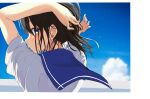  1girl arms_behind_head arms_up bangs black_hair blue_eyes blue_sailor_collar blue_sky blush bunching_hair cac_itinose commentary_request day eyebrows_behind_hair from_behind hair_between_eyes highres long_hair looking_at_viewer looking_back original outdoors sailor_collar school_uniform serafuku shirt short_sleeves sky solo sweat white_shirt 