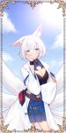  1girl animal_ear_fluff animal_ears azur_lane blue_eyes blue_sky blush bob_cut breasts cleavage closed_mouth commentary_request cowboy_shot crossed_arms ear_down eyeshadow fox_ears fox_tail hakama hakama_short_skirt hakama_skirt hand_on_own_cheek hand_on_own_face haori japanese_clothes kaga_(azur_lane) long_sleeves looking_at_viewer makeup medium_hair miniskirt multiple_tails siun skirt sky solo tail white_hair wristband 