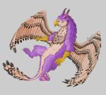  avian feathered_wings feathers feral flying gryphon hi_res male mythological_avian mythological_creature mythology noogliz pawpads paws purple_body purple_feathers solo wings 