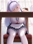  1girl apron arms_on_table azur_lane bangs bare_shoulders black_hairband black_skirt blunt_bangs blush breasts center_frills chair closed_eyes clothing_cutout commentary_request cup curtains dido_(azur_lane) eyebrows_visible_through_hair frilled_skirt frills hairband hanging_breasts head_rest head_tilt highres large_breasts long_hair maid melopun panties pantyshot paper_stack shirt sidelocks silver_hair sitting skirt sleeping sleeveless sleeveless_shirt solo steam table teacup thighhighs underboob underboob_cutout underwear waist_apron white_apron white_legwear white_panties window 