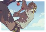  1boy apple blonde_hair blue_eyes climbing_tree eating food fruit ga_ilil highres holding holding_food link male_focus pointy_ears solo the_legend_of_zelda the_legend_of_zelda:_breath_of_the_wild 