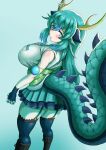  1girl absurdres bare_shoulders blue_dragon_(kemono_friends) blue_eyes blue_hair blush breasts ciapolilla collared_shirt dragon_ears dragon_girl dragon_horns dragon_tail extra_ears fingerless_gloves fishnet_gloves fishnets gloves hair_between_eyes highres horns huge_breasts kemono_friends kemono_friends_3 long_hair looking_at_viewer necktie shirt skirt sleeveless solo tail thighhighs yellow_horns 