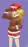  1girl arm_up blonde_hair brown_gloves brown_jacket cabbie_hat closed_mouth gloves green_eyes hand_in_pocket hand_on_headwear hat highres jacket long_hair long_sleeves looking_at_viewer mega_man_(series) mega_man_legends purple_background red_headwear red_shorts roll_caskett_(mega_man) shorts simple_background sketch smile solo standing yamamoto_souichirou 
