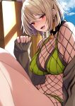  1girl :d bangs bare_shoulders bell bikini bikini_under_clothes blush breasts brown_hair cleavage collar commentary_request day earrings eyebrows_visible_through_hair fang fishnets girls&#039;_frontline green_bikini highres jewelry knees_up large_breasts long_sleeves looking_at_viewer navel neck_bell open_mouth p90_(girls&#039;_frontline) red_eyes short_hair sitting skin_fang sleeves_past_wrists smile solo swept_bangs swimsuit thighs tobimura v-shaped_eyebrows 
