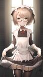  1girl :q absurdres apron black_dress blush brown_eyes brown_hair brown_legwear closed_mouth cowboy_shot dress garter_straps glasses hat highres indoors long_sleeves looking_at_viewer maid maid_apron medium_hair neck_ribbon red_ribbon ribbon sanpaku semi-rimless_eyewear skindentation skirt_hold smile solo tail thighhighs tongue tongue_out under-rim_eyewear unizou viprpg white_apron window 