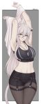  1girl animal_ears armpits arms_up bangs breasts cleavage commentary crop_top dog_tags ear_piercing greyscale highres hololive large_breasts lion_ears lion_girl monochrome navel o-ring pantyhose piercing shellvi shishiro_botan shorts sports_bra sportswear strap thigh_strap virtual_youtuber white_hair 