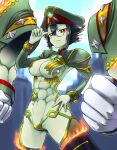 1girl abs black_hair breasts clenched_hands colored_skin disembodied_limb fire glasses gloves green_skin hand_on_hip hat large_breasts military_hat newt_(xenoblade) nke_toumi red_eyes smile thighhighs white_gloves xenoblade_chronicles_(series) xenoblade_chronicles_2 