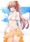  1girl bangs bare_arms bare_legs bare_shoulders bikini blue_eyes blush breasts brown_hair cleavage collarbone cowboy_shot eyebrows_visible_through_hair hair_between_eyes hair_ribbon kantai_collection kazagumo_(kancolle) long_hair looking_at_viewer md5_mismatch navel open_mouth orange_ribbon orange_sarong polka_dot ribbon rui_shi_(rayze_ray) sarong small_breasts solo swimsuit white_bikini 