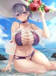  1girl absurdres azur_lane bangs bare_shoulders bikini blush breasts choker cleavage collarbone flower g3_(g310b3) hat hat_flower hat_ornament highres huge_breasts in_water looking_at_viewer nail_polish navel off_shoulder official_alternate_costume outdoors parted_lips purple_bikini purple_choker purple_eyes purple_hair purple_nails reno_(azur_lane) reno_(summer_spin-off)_(azur_lane) short_hair sideboob sitting solo sun_hat swimsuit thighs wet white_headwear 
