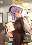  1boy 1girl alternate_costume bag bangs black_bag blush book bookshelf brown_hair brown_jacket closed_mouth commentary_request contemporary eris_(konosuba) grey_hair hat highres holding holding_book indoors izawa_koushi jacket kono_subarashii_sekai_ni_shukufuku_wo! long_fingers long_sleeves looking_down open_book partial_commentary purple_eyes purple_hair reading satou_kazuma shoulder_bag skirt smile solo_focus translated window 