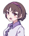  1girl absurdres blush_stickers breasts brown_eyes brown_hair collar commentary ears hairband highres kame_(kamepan44231) long_sleeves medium_breasts purple_collar purple_hairband shirt short_hair simple_background solo touhou tsukumo_yatsuhashi white_background white_shirt 