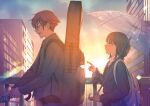  1boy 1girl absurdres backpack bag black_hair brown_hair building city closed_eyes highres holding holding_umbrella instrument_case lens_flare long_sleeves macaronk original outdoors pointing railing school_uniform short_hair sunset transparent transparent_umbrella umbrella 