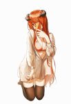  1girl alternate_costume arknights bagpipe_(arknights) black_legwear bra breasts casual cellphone checkered checkered_bra cleavage commentary dragon_horns eyebrows_visible_through_hair full_body holding holding_phone horns long_sleeves looking_at_viewer medium_breasts off_shoulder one_eye_closed orange_hair partially_unbuttoned phone pink_bra purple_eyes qinglai_haiji selfie shirt simple_background smartphone solo straight_hair thighhighs underwear white_background white_shirt zettai_ryouiki 